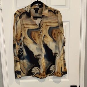 Rachel Zoe Swirl Pattern button up blouse - Black, Brown, Cream Size Large E1